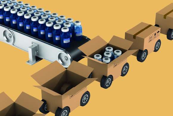 Ilustração mostra frascos de vacina em esteira abastecendo caixas sobre rodas