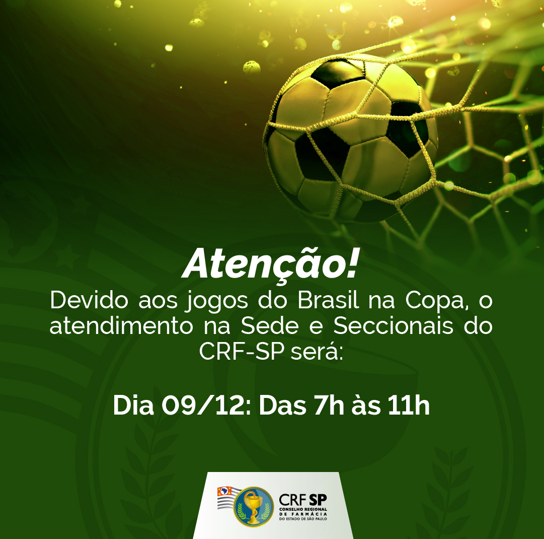 Atenção! Devido aos jogos do Brasil na Copa, o atendimento na Sede e Seccionais do CRF-SP será:
                        Dia 09/12: Das 7h às 11h