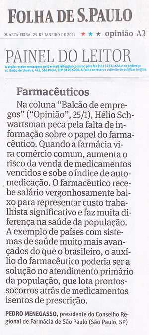 Resposta do CRF-SP publicada hoje na Folha de S.Paulo 