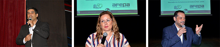 Prof. Dr. José Eduardo Arruda (Associação dos Farmacêuticos do Estados do Pará); Profª Dra. Marise Stevanato Bastos (coordenadora do curso de Farmácia da Unaerp e da Comissão Assessora de Educação Farmacêutica do CRF-SP) e dr. Pedro Menegasso (presidente do CRF-SP)