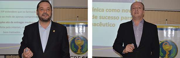 Dr. Pedro Eduardo Menegasso, presidente do CRF-SP e o ministrante dr. Luiz Ortega em Bragança Paulista