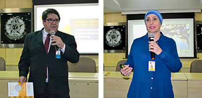 Os ministrantes Dr. José Vanilton de Almeida (grupo Farmácia Estabelecimento de Saúde) e Dra. Amouni Mourad (assessora técnica do CRF-SP)