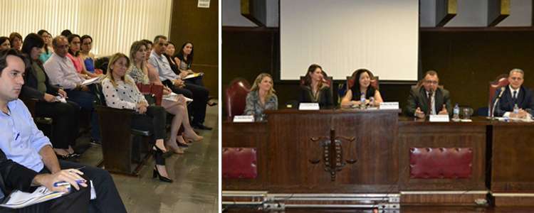 Público do evento e Mesa de debates composta pelos ministrantes do Workshop e a mediadora Dra, Karin Sasaki, procuradora do CRF-SP