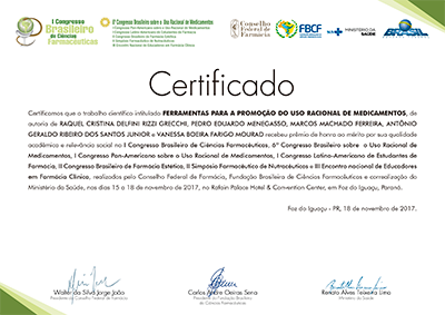 Certificado de honra ao mérito pelo trabalho "Ferramentas para a promoção do uso racional de medicamentos" (clique na imagem para ampliar)