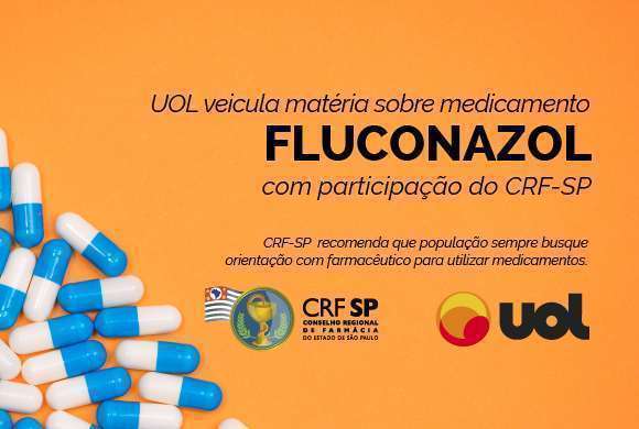 Quadro laranja com comprimidos a esquerda e a direita o nome do medicamento Fluconazol