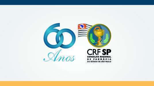 Logotipo 60 anos, números 6 e 0 entrelaçados em azul ao lado do logotipo do CRF-SP composto pelas iniciais CRF-SP a taça simbolo da Farmácia e a bandeira da cidade de São Paulo