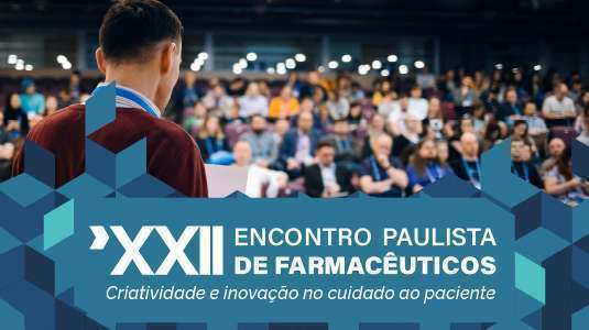 plateia com pessoas, palestrante de costas e logotipo escrito XXII Encontro Paulista de Farmacêuticos  