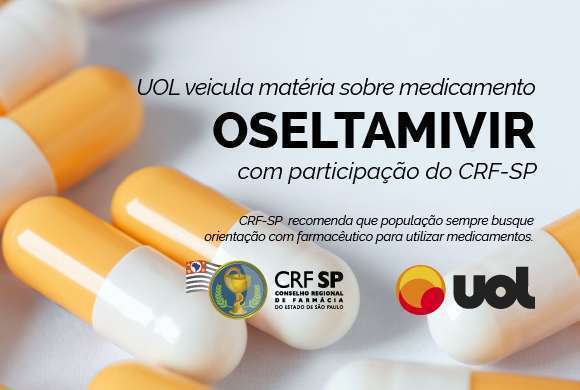 Quadro cinza claro com comprimidos a esquerda das cores branco e amarelo e a direita o nome do medicamento Ostelmivir