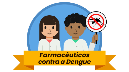 Logotipo da campanha Farmacêuticos contra a dengue. Imagem de mulher com jaleco e de homem com jaleco segurando uma placa com o mosquito aedes e o sinal de proibido