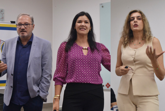 Dr. Francisco Caravante Junior, Dra. Daniela Veríssimo; e Dra. Luciane Tiburtino na mesa-redonda 'Consultório Farmacêutico - Exames de análises clínicas/Imunização'