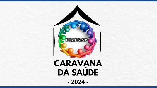 Logotipo da caravana da saúde com o logotipo do Fórum no meio, formado pela imagem de alguns ícones coloridos abraçados