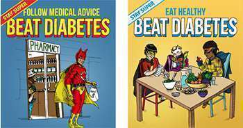 Com o slogan "Beat Diabetes" (Derrote o Diabetes), a OMS utilizou super heróis para alertar sobre o problema mundial. No primeiro banner, a mensagem é para seguir as recomendações médicas e no segundo para comer de forma saudável 
