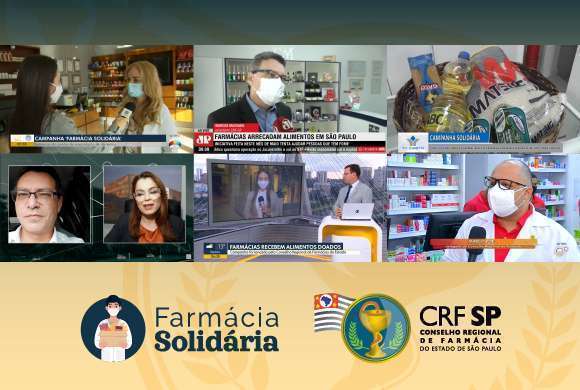 Diversas cenas de entrevistas na imprensa sobre a campanha Farmácia solidária