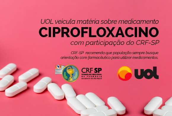Quadro rosa com comprimidos a esquerda e a direita o nome do medicamento ciprofloxacino 