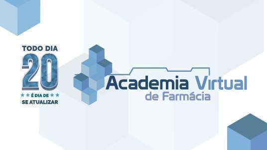 logotipo da academia virtual de farmácia em tons de azul e com a inscrição todo dia 20 é dia de se atualizar 