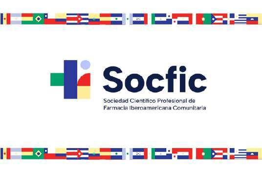 Bandeiras de diversos países ibero-americanos na parte de cima e de baixo da imagem, ao centro o logotipo da Socfic e o texto Sociedad Científico Profesional de Farmacia Iberoamericana Comunitaria