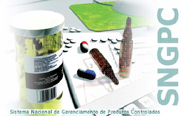 Imagem ilustrativa de um frasco, uma planilha e algumas capsulas de medicamentos. Ao lado está escrito SNGPC 